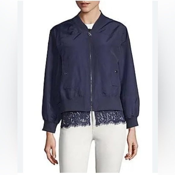 Laundry by Shelli Segal New Casual Lace-Trim Bomber Jacket Midnight Blue Size 6 - Picture 1 of 7